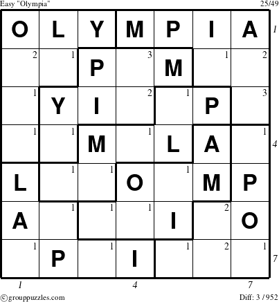 The grouppuzzles.com Easy Olympia puzzle for  with all 3 steps marked