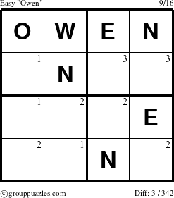 The grouppuzzles.com Easy Owen puzzle for  with the first 3 steps marked