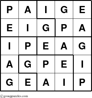 The grouppuzzles.com Answer grid for the Paige puzzle for 