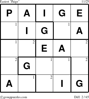 The grouppuzzles.com Easiest Paige puzzle for  with the first 2 steps marked