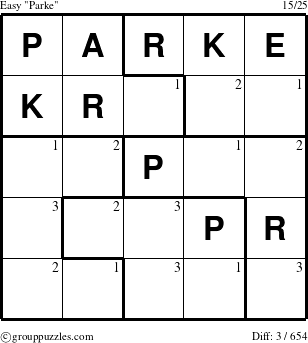 The grouppuzzles.com Easy Parke puzzle for  with the first 3 steps marked