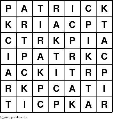The grouppuzzles.com Answer grid for the Patrick puzzle for 
