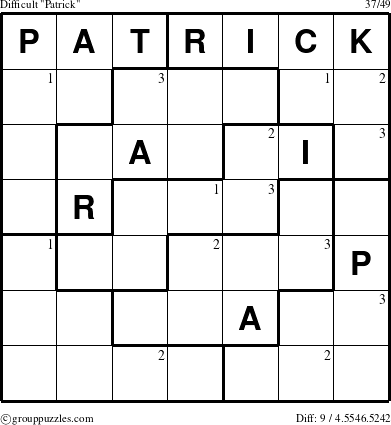 The grouppuzzles.com Difficult Patrick puzzle for  with the first 3 steps marked
