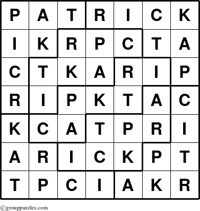 The grouppuzzles.com Answer grid for the Patrick puzzle for 