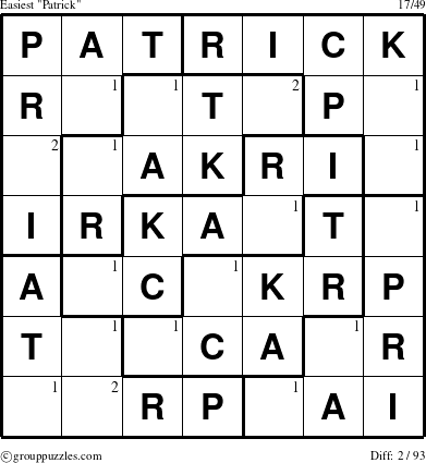 The grouppuzzles.com Easiest Patrick puzzle for  with the first 2 steps marked