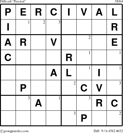 The grouppuzzles.com Difficult Percival puzzle for  with the first 3 steps marked