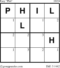 The grouppuzzles.com Easy Phil puzzle for  with the first 3 steps marked