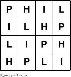 The grouppuzzles.com Answer grid for the Phil puzzle for 