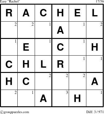 The grouppuzzles.com Easy Rachel puzzle for  with the first 3 steps marked