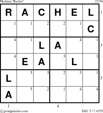 The grouppuzzles.com Medium Rachel puzzle for  with all 5 steps marked