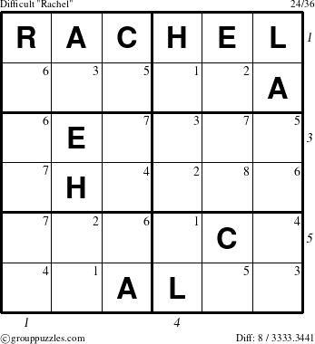 The grouppuzzles.com Difficult Rachel puzzle for  with all 8 steps marked