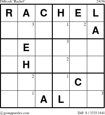 The grouppuzzles.com Difficult Rachel puzzle for  with the first 3 steps marked