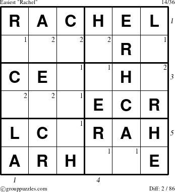 The grouppuzzles.com Easiest Rachel puzzle for  with all 2 steps marked