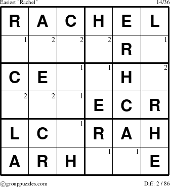 The grouppuzzles.com Easiest Rachel puzzle for  with the first 2 steps marked