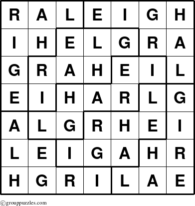 The grouppuzzles.com Answer grid for the Raleigh puzzle for 