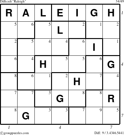 The grouppuzzles.com Difficult Raleigh puzzle for  with all 9 steps marked