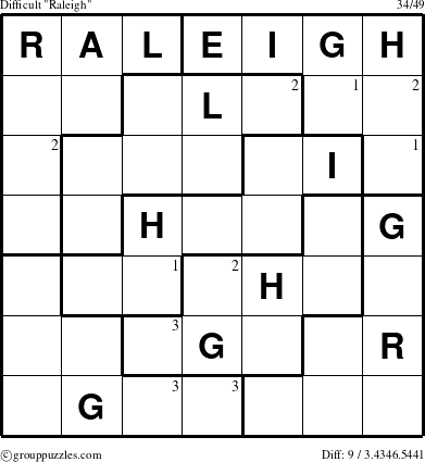 The grouppuzzles.com Difficult Raleigh puzzle for  with the first 3 steps marked