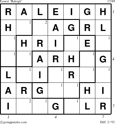 The grouppuzzles.com Easiest Raleigh puzzle for  with all 2 steps marked