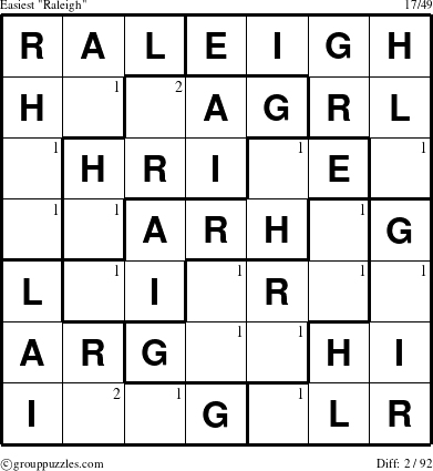 The grouppuzzles.com Easiest Raleigh puzzle for  with the first 2 steps marked