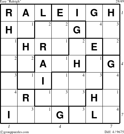 The grouppuzzles.com Easy Raleigh puzzle for  with all 4 steps marked