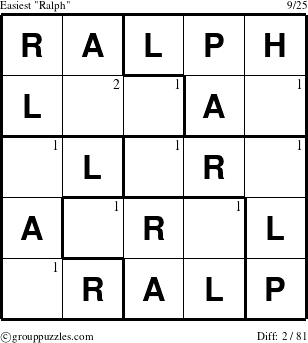 The grouppuzzles.com Easiest Ralph puzzle for  with the first 2 steps marked