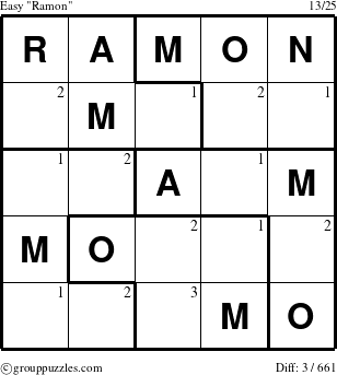 The grouppuzzles.com Easy Ramon puzzle for  with the first 3 steps marked