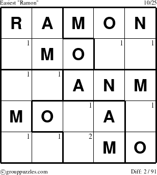 The grouppuzzles.com Easiest Ramon puzzle for  with the first 2 steps marked