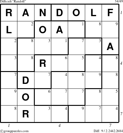 The grouppuzzles.com Difficult Randolf puzzle for  with all 9 steps marked