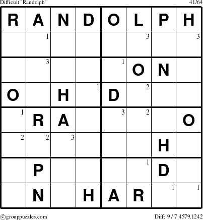 The grouppuzzles.com Difficult Randolph puzzle for  with the first 3 steps marked