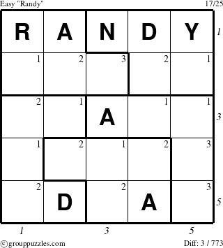 The grouppuzzles.com Easy Randy puzzle for  with all 3 steps marked