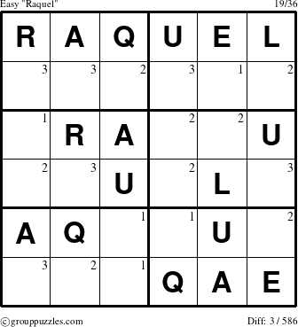 The grouppuzzles.com Easy Raquel puzzle for  with the first 3 steps marked