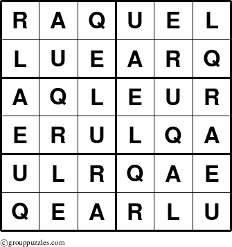 The grouppuzzles.com Answer grid for the Raquel puzzle for 