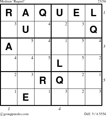 The grouppuzzles.com Medium Raquel puzzle for  with all 5 steps marked