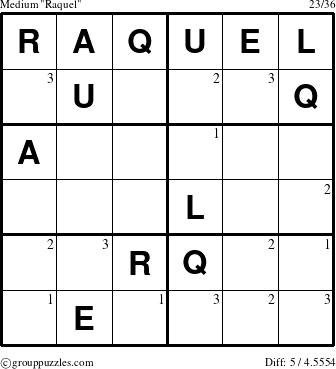 The grouppuzzles.com Medium Raquel puzzle for  with the first 3 steps marked