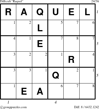 The grouppuzzles.com Difficult Raquel puzzle for  with all 8 steps marked