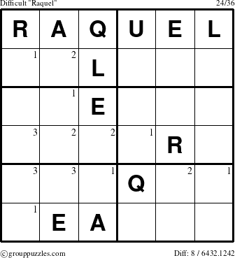 The grouppuzzles.com Difficult Raquel puzzle for  with the first 3 steps marked