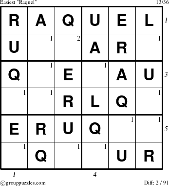 The grouppuzzles.com Easiest Raquel puzzle for  with all 2 steps marked