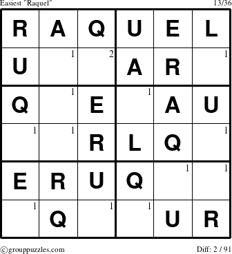 The grouppuzzles.com Easiest Raquel puzzle for  with the first 2 steps marked