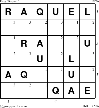 The grouppuzzles.com Easy Raquel puzzle for  with all 3 steps marked