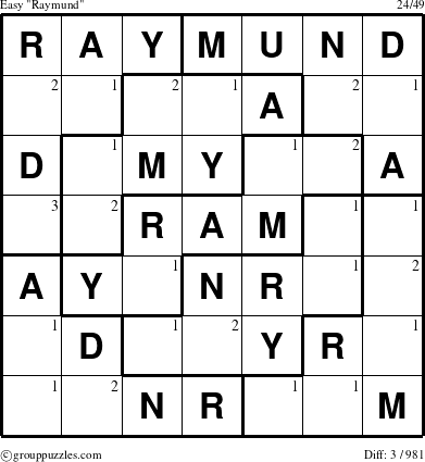 The grouppuzzles.com Easy Raymund puzzle for  with the first 3 steps marked