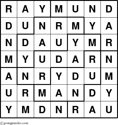 The grouppuzzles.com Answer grid for the Raymund puzzle for 