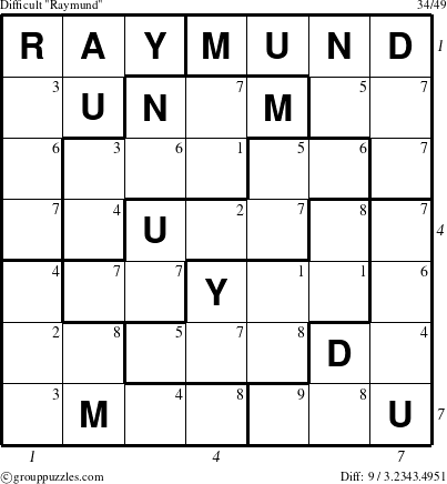 The grouppuzzles.com Difficult Raymund puzzle for  with all 9 steps marked