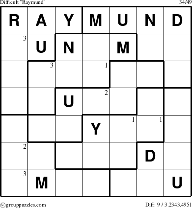 The grouppuzzles.com Difficult Raymund puzzle for  with the first 3 steps marked