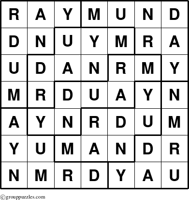 The grouppuzzles.com Answer grid for the Raymund puzzle for 
