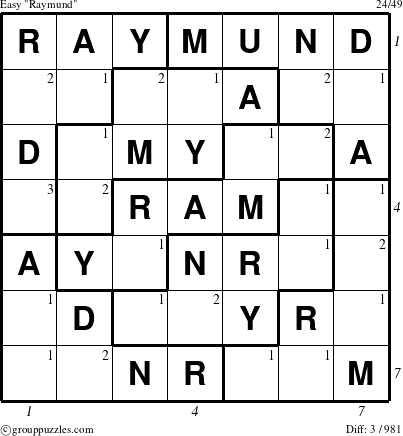 The grouppuzzles.com Easy Raymund puzzle for  with all 3 steps marked