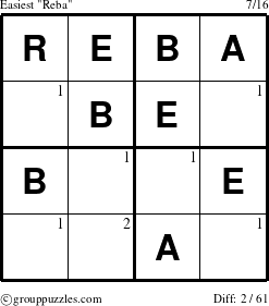 The grouppuzzles.com Easiest Reba puzzle for  with the first 2 steps marked