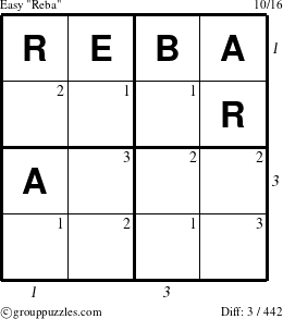 The grouppuzzles.com Easy Reba puzzle for  with all 3 steps marked