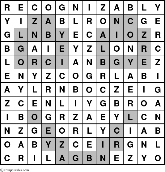 The grouppuzzles.com Answer grid for the Recognizably puzzle for 