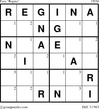 The grouppuzzles.com Easy Regina puzzle for  with the first 3 steps marked