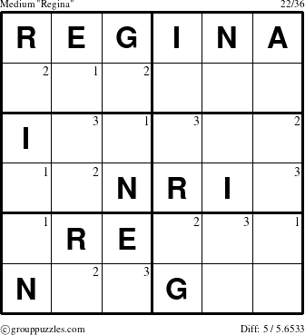 The grouppuzzles.com Medium Regina puzzle for  with the first 3 steps marked